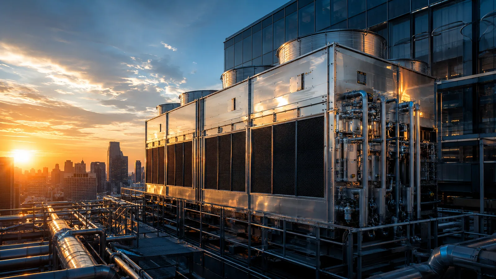Modern commercial cooling tower system on skyscraper rooftop